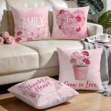 4件套水彩粉色花卉康乃馨爱心文字印花抱枕套，100%涤纶绒面料，单面印花，适用于客厅、沙发、卧室装饰，尺寸：40x40厘米/45x45厘米/50x50厘米，不含枕芯 - 水彩粉紅花卉康乃馨愛心文字圖案插畫 - 查看 10