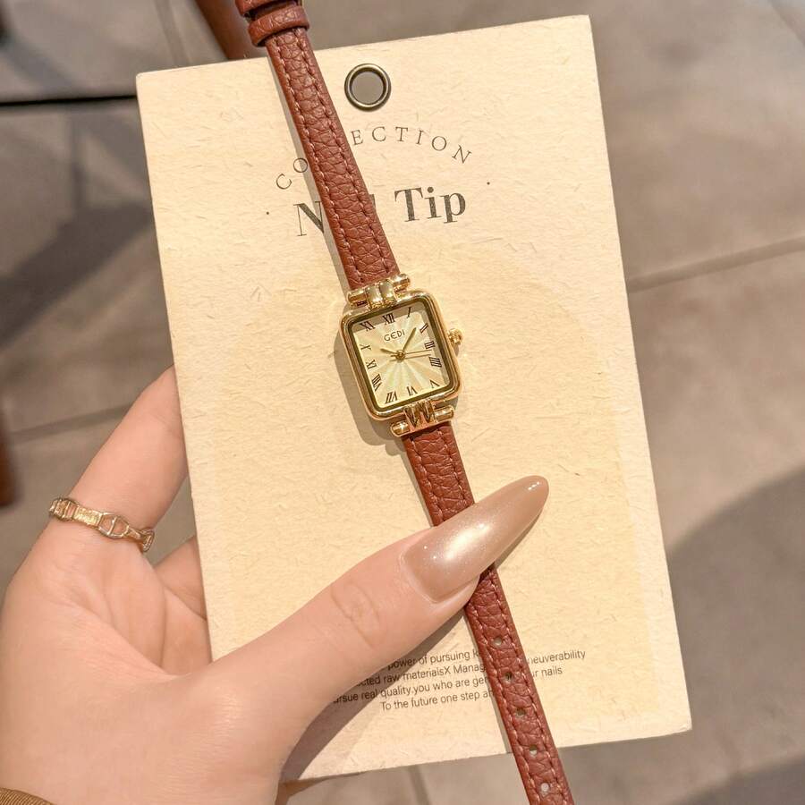 CILOA 1 pieza Reloj cuadrado pequeño dorado para mujer, estilo vintage francés, correa de textura de lichi marrón, esfera cuadrada, accesorio elegante diario para mujer - Marrón Mocha - Ver 1