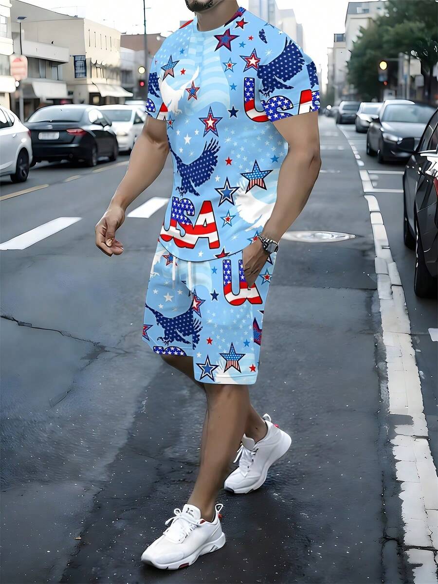 A Set Of American Patriotic Style Knit Fabric USA Eagle Totem Print Men's Casual Summer Outfit, Independence Day Gift, Light Blue Base With USA Eagle Totem, Men's Plus Size Two-Piece Set - Nhiều màu - Xem 1