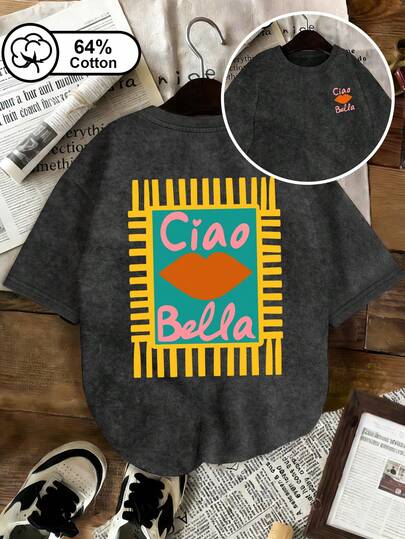 Camiseta casual de mujer de talla grande con estampado de labios naranjas, fondo turquesa y borde rayado amarillo con estampado doble cara, camiseta de manga corta lavada con estampado retro de copos de nieve, adecuada para uso al aire libre, top de mujer, ropa de verano, estampado gráfico.