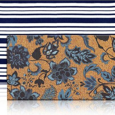2 Pcs Navy Blue Coir Doormat Outdoor Navy Blue And White Checked Rug Doormats Indoor Outdoor Rugs For Layered Front Door Mats, Porch, Kitchen, Farmhouse, Entryway