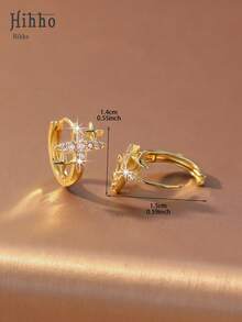 Hihho 1 par de pendientes de aro de lujo con circonita en forma de estrella fugaz, con diseño de doble estrella fugaz/octágono de circonita incrustado en el frente, con centro y borde de estrella completamente empotrados con pequeños diamantes, disponible en colores dorado y plateado, que proporcionan una atmósfera estrellada brillante adecuada para diferentes posiciones de la oreja y estilos de atuendo. - Estrella - Ver 7