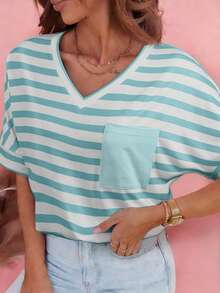 Acelitt Sky Blue Striped V-Neck Casual T-Shirt With Pocket - Multicolor - View 1