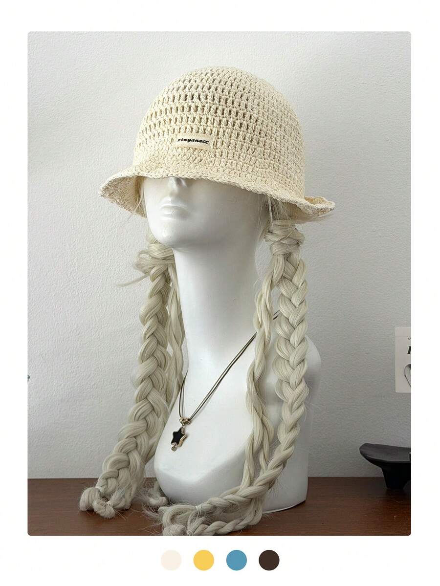Handmade Crochet Bucket Hat, Versatile Knitted Wave Brim Bucket Hat, Breathable Yarn Hat With Bow, Cute Japanese Ins Style Knitted Bucket Hat For Women, Suitable For Face-Framing,Summer,Beach - Multicolor - View 1