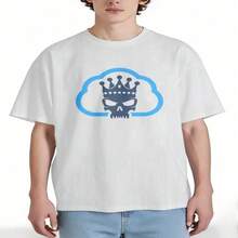 Camiseta 100% Algodón Estampado de Nube y Calavera con Corona, Cuello Redondo Holgado Casual Verano, Top de Moda Versátil para Hombre/Mujer - Blanco - Ver 13