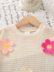 Girls' Casual Floral Decor Round Neck Short Sleeve Top, Suitable For Spring/Summer Outings - White - View 4