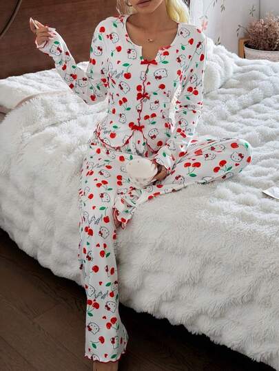 SANRIO 2pcs Women Sleepwear Set, Soft Long Sleeve Top And Long Pants Pajamas, Comfortable Casual Homewear, Suitable For All Seasons