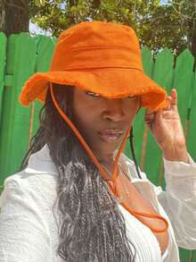 1 pieza Sombrero de cubo con cordón ajustable para mujer, diseño deshilachado, tela suave, protección solar y contra el viento, de moda, adecuado para viajes, playa, mar, ocio y uso diario - Multicolor - Ver 10