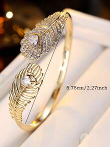 1 pieza Pulsera de mujer, diseño de pluma con lujo de circonita sintética incrustada, brazalete abierto y ajustable, adecuado para regalo y uso diario - Pulsera [de mejor calidad] - Ver 6