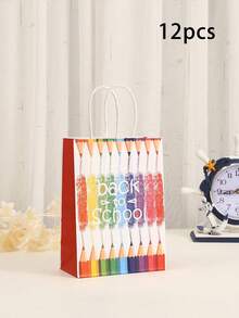 12个装新款校园牛皮纸手提袋，创意卡通印花礼品袋 - 多色 - 查看 15