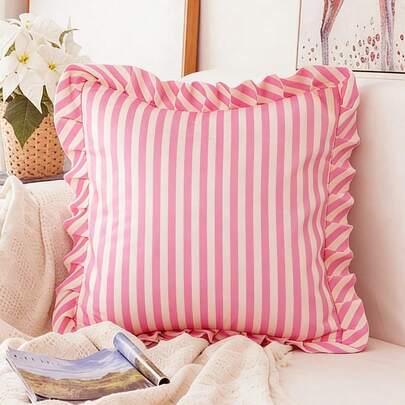 Honeymoon 1pc Printed Cushion Cover With Ruffles-Polyester Brushed Fabric Stripes Print Pattern, Soft And Breathable, Wrinkle Resistant, Pillowcase Without Filler-T F Q K Size For Home And Dorm, Oeko-Tex Certified