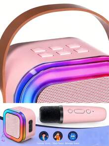 Altavoz de karaoke portátil con luces RGB coloridas, micrófono inalámbrico doble, cambio de voz (femenino, masculino, monstruo, bebé, original), máquina de karaoke para niños, ideal para fiestas en casa, campamentos al aire libre y regalos de cumpleaños para niños, compatible con Bluetooth, conexión a teléfono y TV, diseño de asa portátil para llevar fácilmente. - Rosa - Ver 4