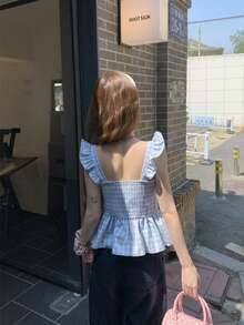 Áo sơ mi tay ngắn kẻ caro xanh trắng tối giản ngọt ngào - Màu xanh lam - Xem 5