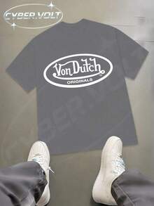 Dutch Manfinity Y2K Style Print (180g Pure Cotton T-Shirt) Cotton T-Shirt - Soft And Breathable, Green Print 100% Pure Cotton Fabric - Comfortable And Vibrant Summer Streetwear Short-Sleeved T-Shirt, Cool Motorcycle Design, Vintage Summer Everyday Wear T-Shirt - 灰色 - 查看 1