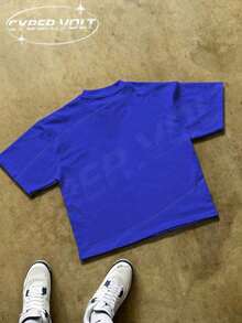 Dutch Manfinity Y2K Style Print (180g Pure Cotton T-Shirt) Cotton T-Shirt - Soft And Breathable, Green Print 100% Pure Cotton Fabric - Comfortable And Vibrant Summer Streetwear Short-Sleeved T-Shirt, Cool Motorcycle Design, Vintage Summer Everyday Wear T-Shirt - 藍色 - 查看 3