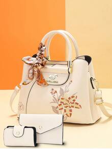 3pcs Women Bag Set - Elegant Geometric Embroidery, Faux Leather And Clutch Wallet - Khaki - View 12