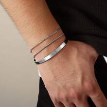 2件套极简主义C形手链套装，男士不锈钢手镯 - 銀色 - 查看 4