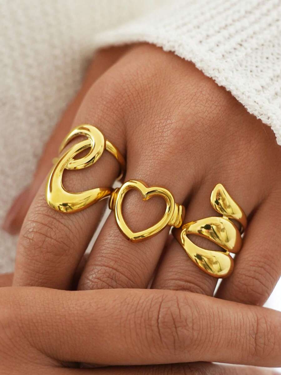 Uself Bộ 3 nhẫn mạ vàng 18K bằng thép không gỉ 304, kiểu dáng điêu khắc, hình trái tim và giọt nước được đánh bóng mịn, thích hợp làm quà tặng hàng ngày, dự tiệc, ngày lễ cho phụ nữ.