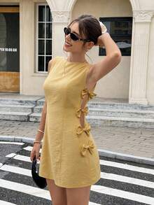 女士夏季梭织无袖圆领迷你连衣裙，饰有蝴蝶结，后背拉链，新款休闲度假沙滩必备优雅单品 - 黃色 - 查看 5
