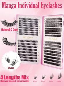 512pcs Cluster False Eyelashes, Thick Curly Eyelash Extension Kit, D-Curl 8-16mm Mixed Length, DIY Eyelash Extension Set, Fluffy Soft Individual Lashes, Create Voluminous Natural Y2K Butterfly Makeup Effect, Easy DIY At Home, Long-Lasting Eyelash Glue, DIY Tweezers, Cluster Lashes - 彩色 - 查看 3