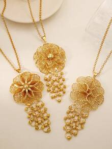 1pc Elegant Copper-Gilded Flower Pendant Necklace With Bead Strings, Flowing Tassels And Chain, Hollow Long Necklace. Women's Summer Jewelry Accessory. - Yellow Gold - View 2