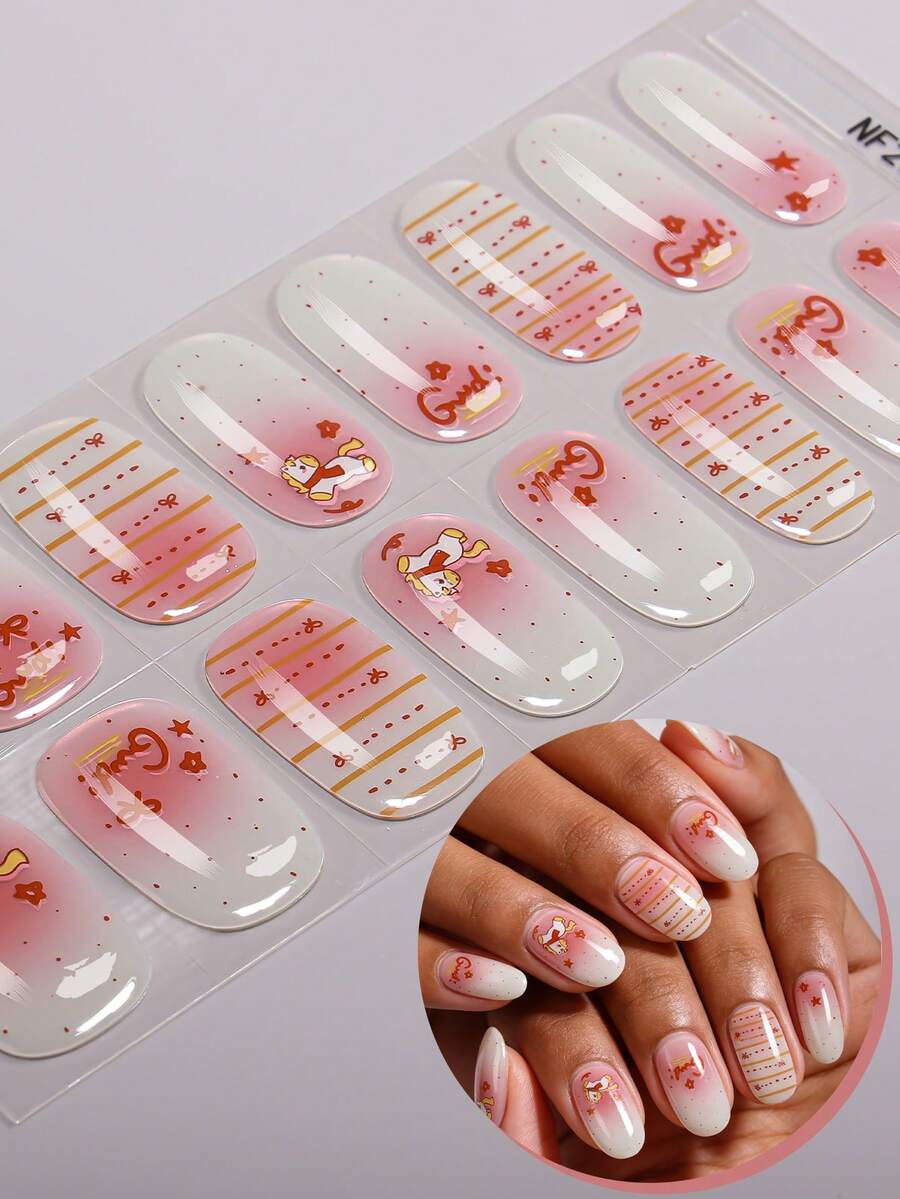 16Pcs Pink White Gradient Semi-Cured Gel Nail Strip,Striped Pony Playful Cute Style Spring/Summer Nail Stickers, Self-Adhesive Easy To Apply,Suitable For Women And Girls Home DIY Manicure