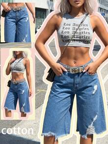 Women's Distressed Asymmetrical Hem Denim Capri Pants - Medium Wash - View 4