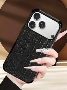 Crocodile Pattern 1pc Crocodile Texture Shock-Proof Leather Phone Case With Rotating Sound Design, Suitable Compatible With Iphone - Crocodile Pattern Black - View 8