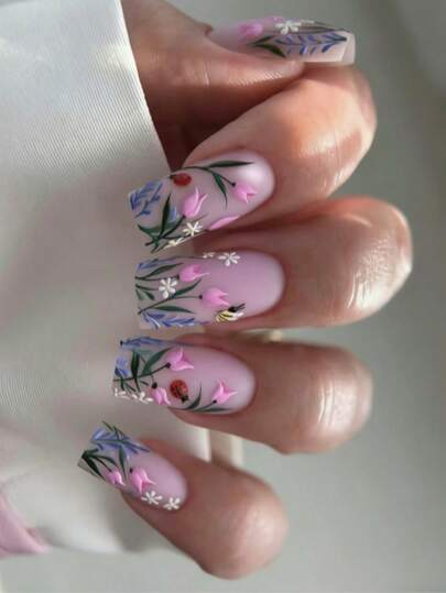 手绘郁金香美甲贴，清新花卉瓢虫美甲贴纸，植物昆虫美甲贴花，温和亮白可卸假指甲