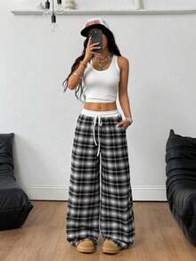 Quần maxi dáng rộng kẻ caro, cạp chun, ống đứng, quần mặc nhà thoải mái cho mùa xuân, hè và thu. - Đen và trắng - Xem 4