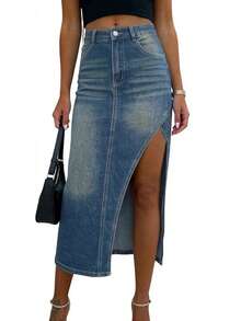 女士休闲梭织长款牛仔裙，带口袋和大腿开衩，适合派对穿着 - 藍色 - 查看 5