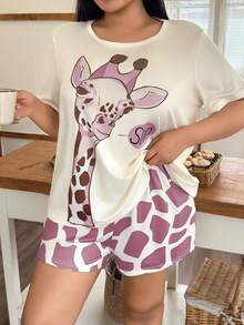 Plus Size Women's Casual Lightweight Pajama Set, Comfortable Round Neck Cartoon Giraffe Print Short Sleeve Top And Shorts, Cozy & Cute Home Wear - Multicolor - View 1