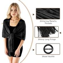 Shawls And Wraps For Evening Dresses With Buckle Sparkling Metallic Pashmina Shawl Wrap Scarf For Women Wedding Party - 黑色 - 查看 4