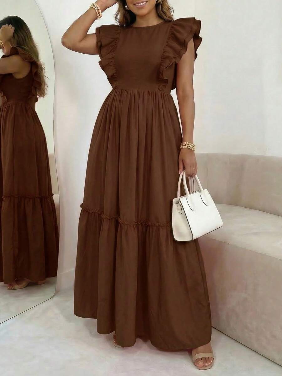 Women's Elegant Vacation Solid Color Cap Sleeve Ruched Patchwork Short Casual Dress, Spring/Summer - Coffee - View 1