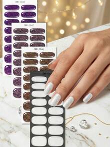 16pcs Retro Holographic Gradient Gel Nail Stickers, Iridescent Powder Design, Low Allergy, Protect Natural Nails, Long-Lasting, No UV Lamp Needed, Suitable For Women/Girls Daily, Social Events, Banquets, DIY Nail Art Supplies - Multicolor - View 2