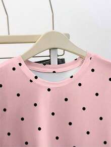 Camiseta de mujer con estampado completo de lunares sobre fondo rosa, estilo lindo, adecuada para el verano, camiseta a la moda, camiseta hermosa, regalo para hermanos y hermanas, regalo para hermanas, regalo para mamá, regalo para el Día de la Madre, top casual a la moda. - Colores mixtos - Ver 3