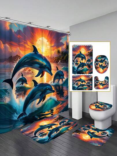 1/3/4件套日落海豚跃浪图案浴帘套装，家居装饰，浴室帘，浴室套装，浴室配件，包含浴帘，浴室浴帘套装。多尺寸浴帘套装，装饰性浴室配件包括浴帘、U型马桶座套、防滑垫、马桶座套和12个浴帘挂钩。适合作为乔迁、生日、节日礼物，以及情侣间的礼物。
