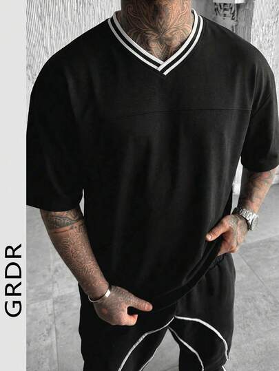  GRDR | Camiseta de manga corta con cuello en V y diseño de estilo "City Boy" vintage americano con bloques de color para hombres | Cómoda y transpirable | Moda