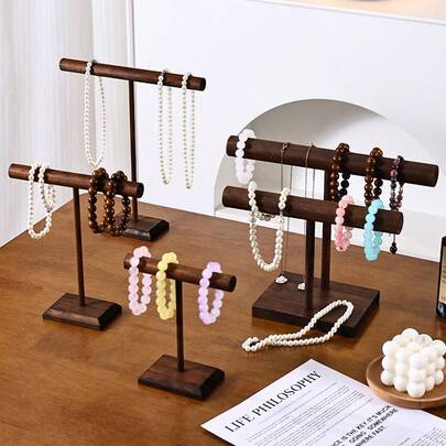 1pc Retro Walnut Wood Single/Double Layer Jewelry Stand, Necklace Bracelet Pendant Display Rack, Dresser Organizer, Gift & Store Display