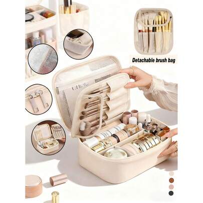 Multilayer Large Capacity Makeup Bag, PU Leather Waterproof Cosmetic Bag, Travel Organizer Bag, Multifunctional Foldable Makeup Bag, Portable Makeup Brush Holder Bag, With Handle Makeup Bag, Toiletry Bag, Outdoor Travel Tote Bag, Travel Holiday Storage Bag, Dorm Essential, Cruise Essential, Can Store Lipstick, Makeup Brushes, Skincare, Phone, Coins, Small Items, Unisex, Suitable For Home And Travel, Bohemian Style