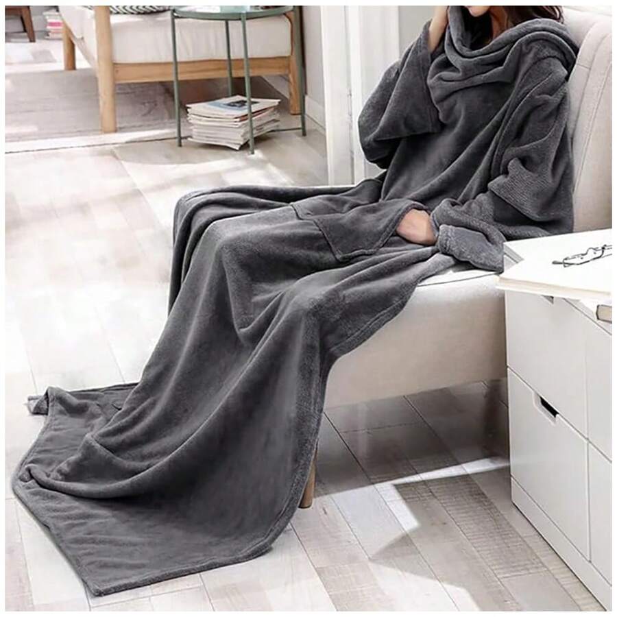 Blanket With Sleeves For Adult Women Men, Robe Blanket Gift Soft Warm Wearable Blanket Fleece Wrap Throw - Dark Grey - View 1