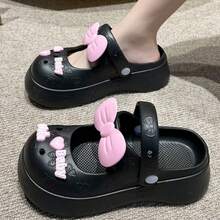 女士防滑厚底花朵蝴蝶结爱心装饰粉色韩版夏季凉鞋 - 黑色 - 查看 9