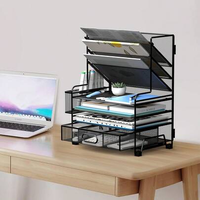 4-Tier Black Desktop File Organizer With 3-Pocket File Holder Drawer Pen Holders Paper Tray Office School Classroom Desk Accessories
