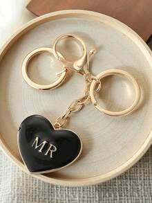 1pc Minimalist Personalized Alloy Black & White Heart Keychain, Couple Couples's Gift, Mr Mrs Heart Bag Charm - Multicolor - View 4