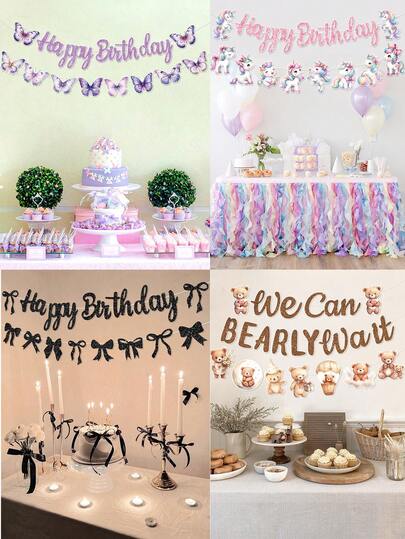 一套生日快乐纸质挂旗，婴儿派对背景装饰挂饰，一周岁生日背景装饰拉旗，蝴蝶主题生日派对装饰纸旗，婴儿派对用品礼品横幅，性别揭晓派对装饰，婴儿派对用品，紫色蝴蝶派对装饰，春夏装饰，生日派对用品，棕熊装饰，蝴蝶结主题派对装饰，独角兽生日挂饰，毕业装饰