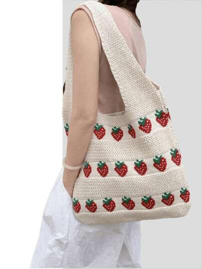 1 Stück Schwarze/Cremefarbene Erdbeere Jacquard Strick Tragetasche | Offener Oberteil mit großer Kapazität und leichter Aufbewahrung | Koreanischer süßer Mädchenstil Schultertasche | Sommer Strandtasche für Frauen, perfekt für Studenten, täglichen Arbeitsweg, Dates, Einkaufen, Frühlings- und Sommerreisen und Urlaub