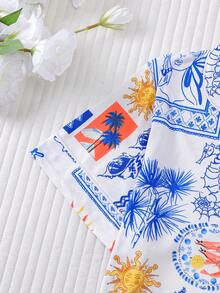 两件套热带印花睡衣套装，柔软面料短袖衬衫，带领子和纽扣，松紧腰短裤，时尚睡衣，适合户外活动、派对、度假和日常穿着。 - 彩色 - 查看 4