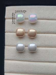 3对时尚简约甜美精致方形仿珍珠耳环套装，优雅小巧迷人，适合女性日常及节日佩戴 - 彩色 - 查看 7