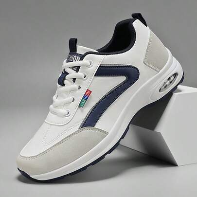 Zapatos deportivos casuales para hombres - Diseño de corte bajo transpirable, acentos en azul marino, parte superior de PU duradera y suela de PVC, cómodos para hacer ejercicio, caminar y uso diario en todas las estaciones