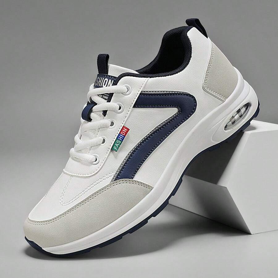 Zapatos deportivos casuales para hombres - Diseño de corte bajo transpirable, acentos en azul marino, parte superior de PU duradera y suela de PVC, cómodos para hacer ejercicio, caminar y uso diario en todas las estaciones - Blanco - Ver 1